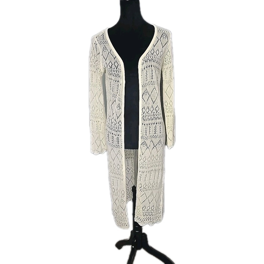 Cecil McBee Open Knit‎ Duster Cardigan Medium Ivory Japan Boho Indie
